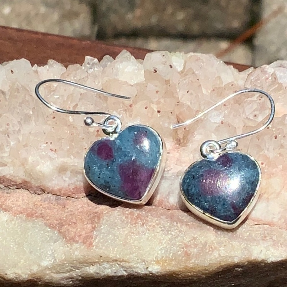 NATURAL RUBY IN KYANITE HEART 925 STERLING SILVER EARRINGS